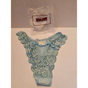 New In Bag Victoria's Secret Sz L Satin and Lace 90’s Vintage Thong Panties Blue